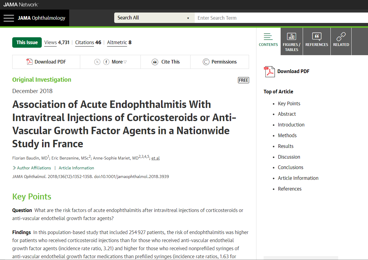 Association Of Acute Endophthalmitis With Intravitreal Injections Of Corticosteroids Or Anti–Vascular Growth Factor Agents In A Nationwide Study In France